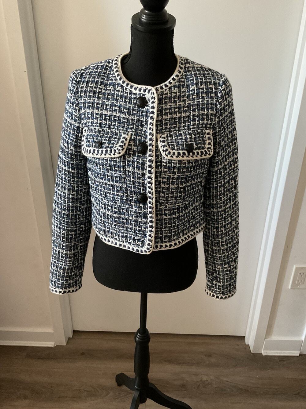 Christian Lacroix Navy White Tweed Cropped Jacket Blazer Whipstitch Trim Sz Xs